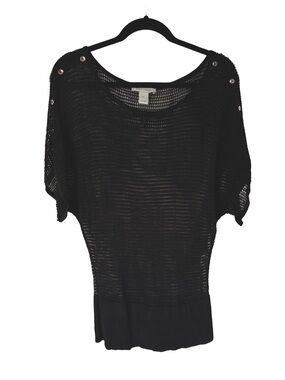 Black Open-Knit Dolman Sleeve Top with Metallic Shoulder Embellishments
